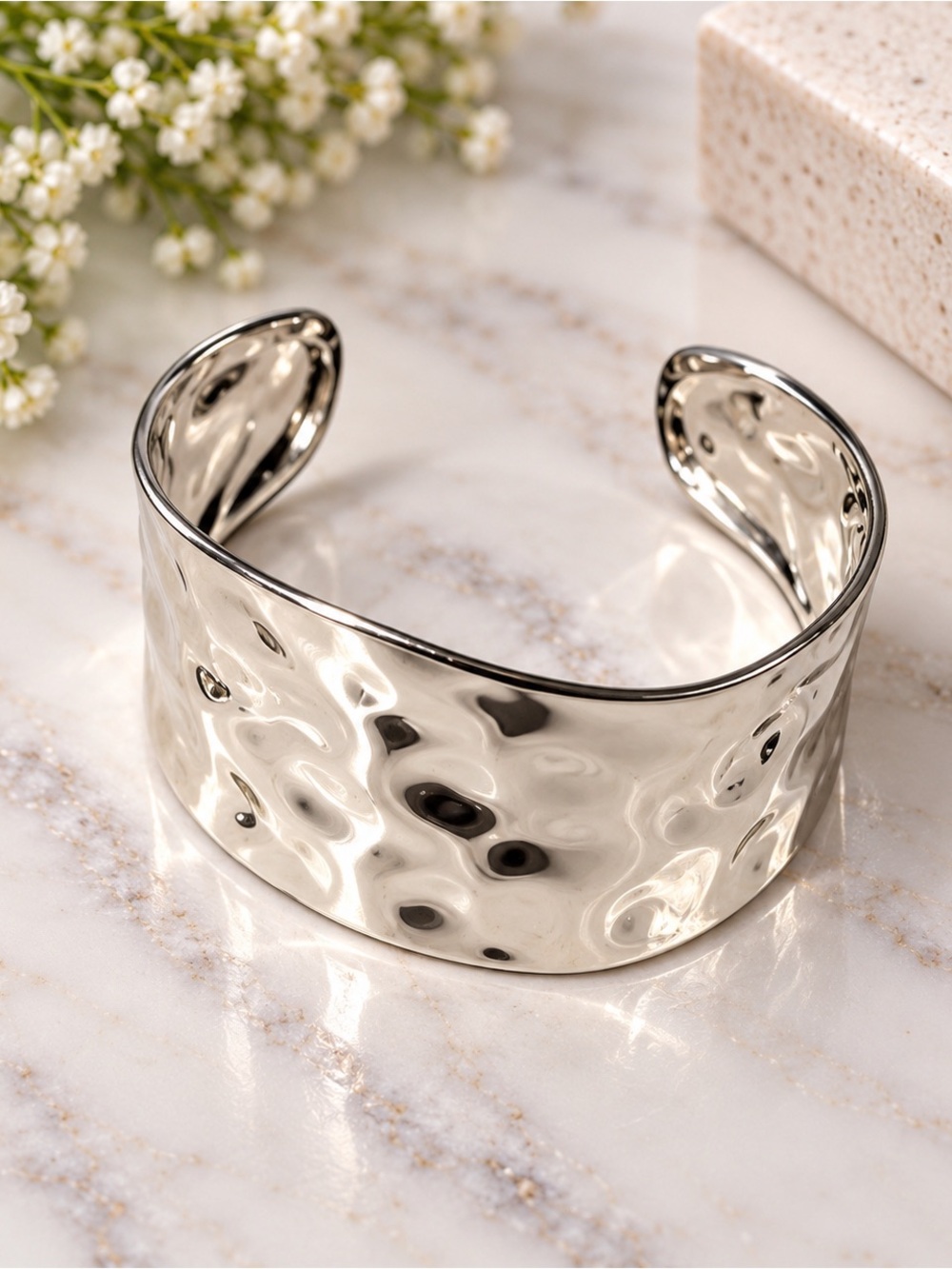 Classic Silver Hammered Cuff Bracelet - Women Jewelry